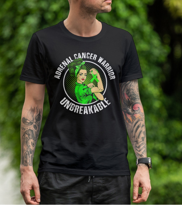 Adrenal Cancer Warrior Unbreakable Rosie The Riveter Green T-Shirt