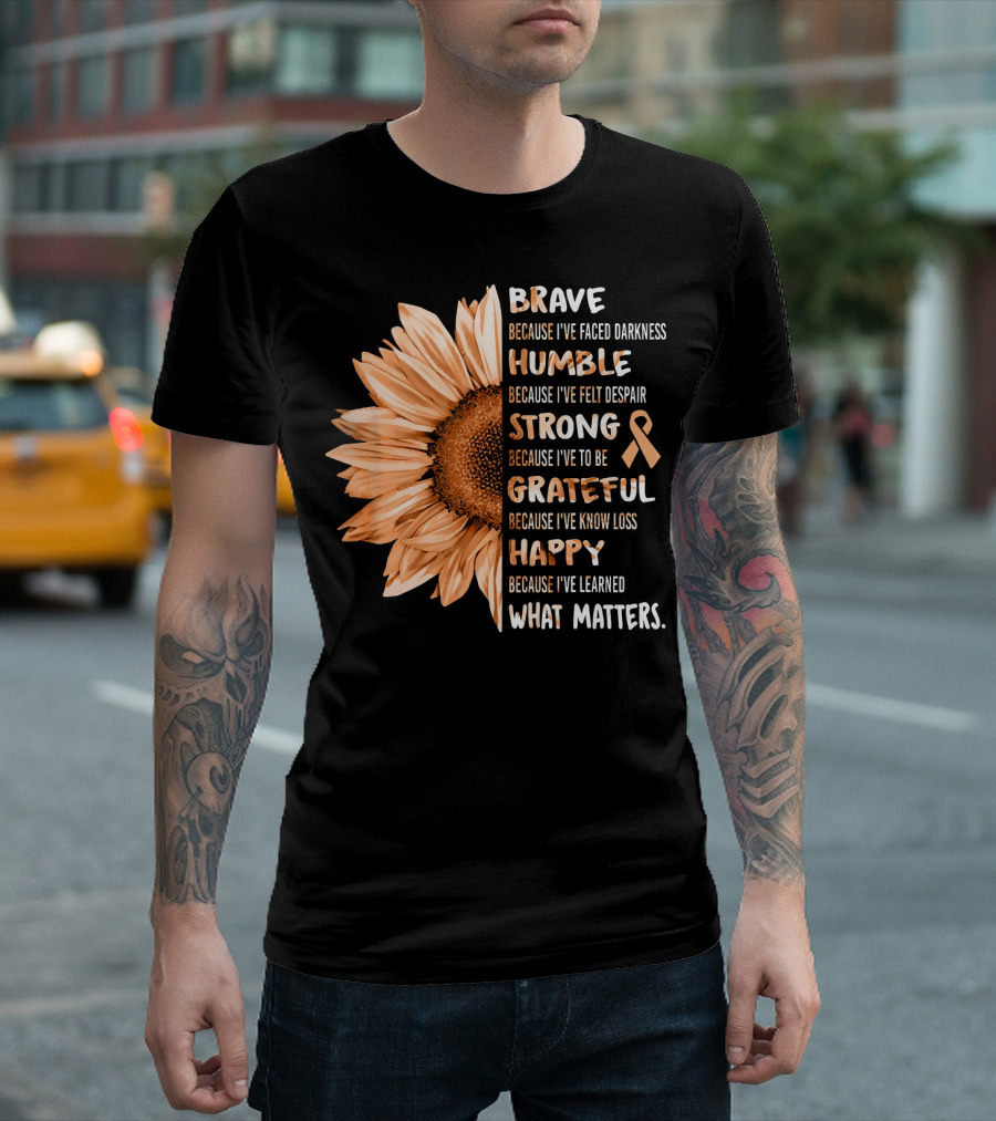 Brave Humble Strong Grateful Happy Sunflower Peach Ribbon Uterine Cancer T-Shirt