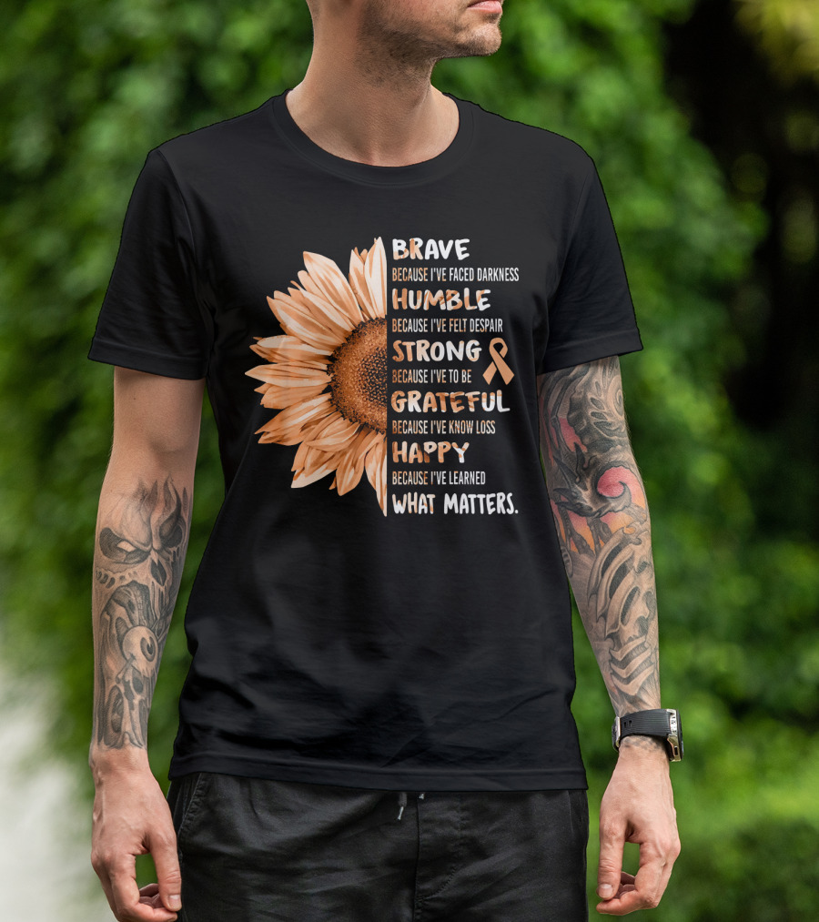 Brave Humble Strong Grateful Happy Sunflower Peach Ribbon Uterine Cancer T-Shirt
