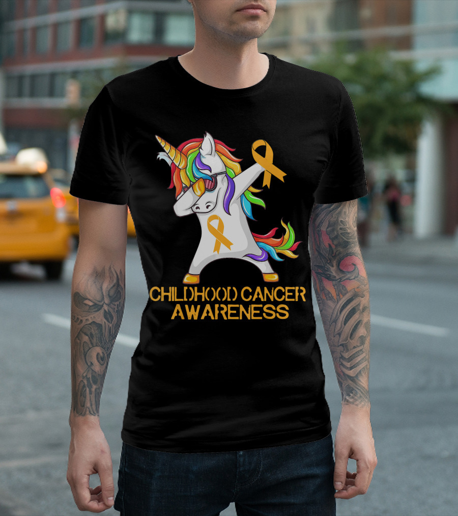 Childhood Cancer Awareness Dabbing Unicorn with Yellow T-Shirt