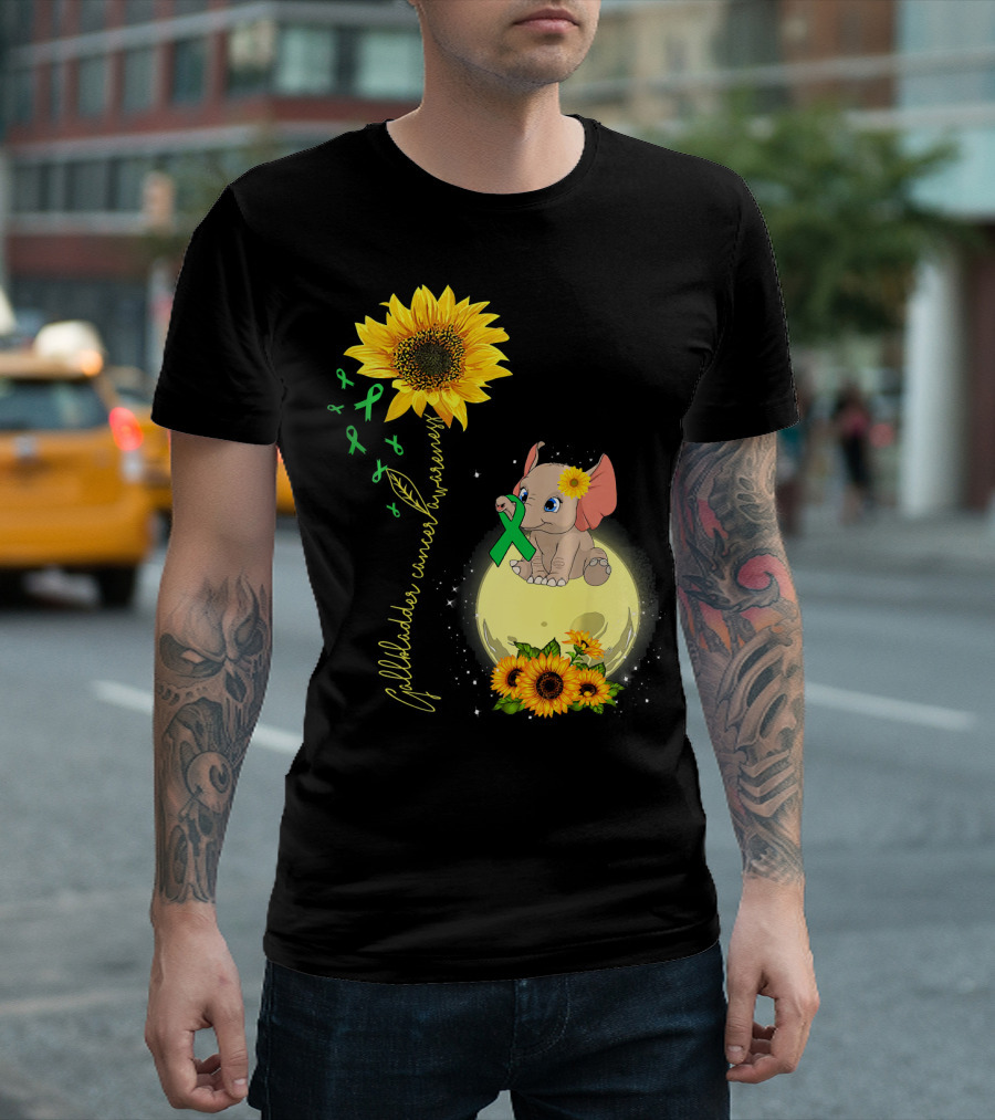 Gallbladder Cancer Awareness Elephant with Sunflowers and Green T-Shirt