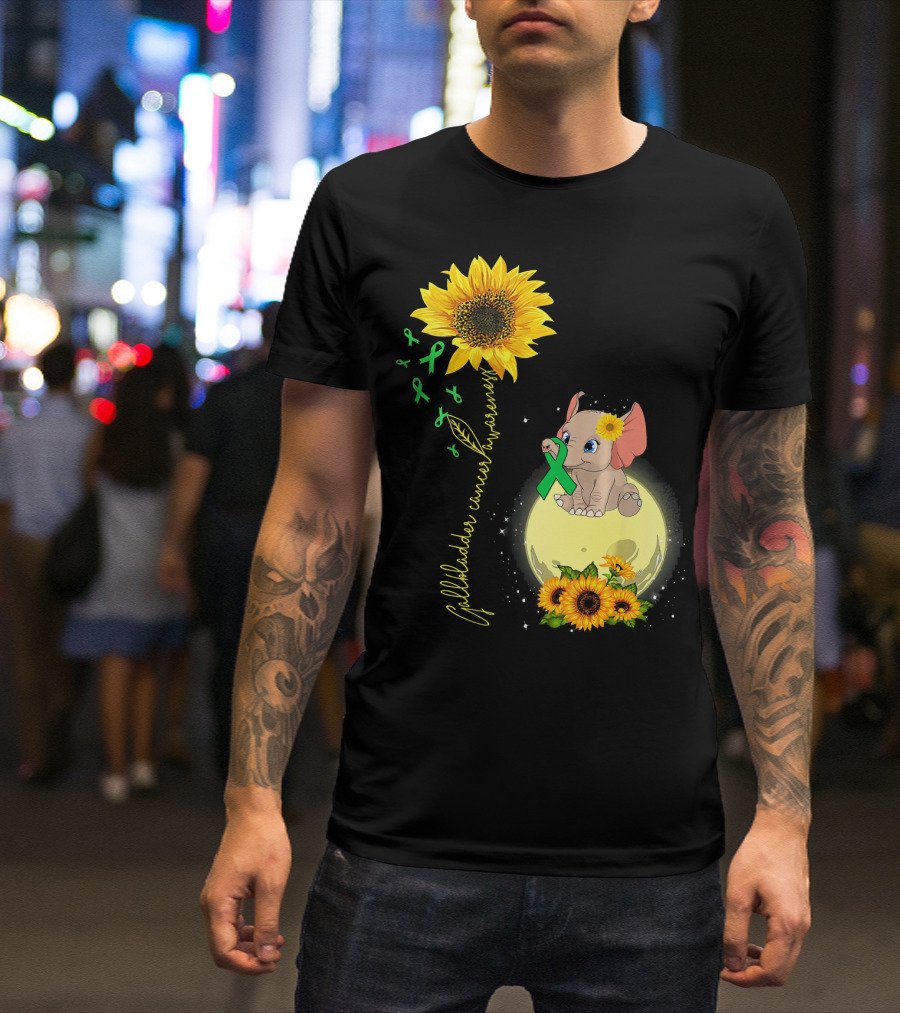 Gallbladder Cancer Awareness Elephant With Sunflowers And Green T-Shirt