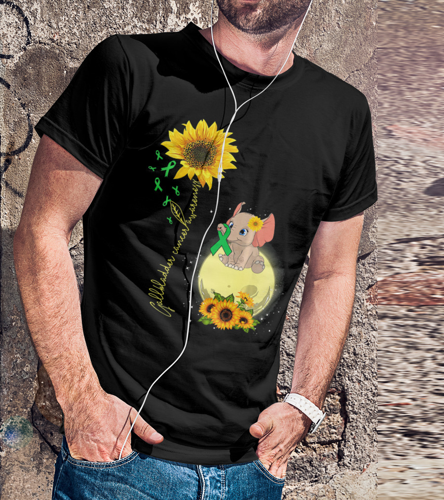 Gallbladder Cancer Awareness Elephant With Sunflowers And Green T-Shirt
