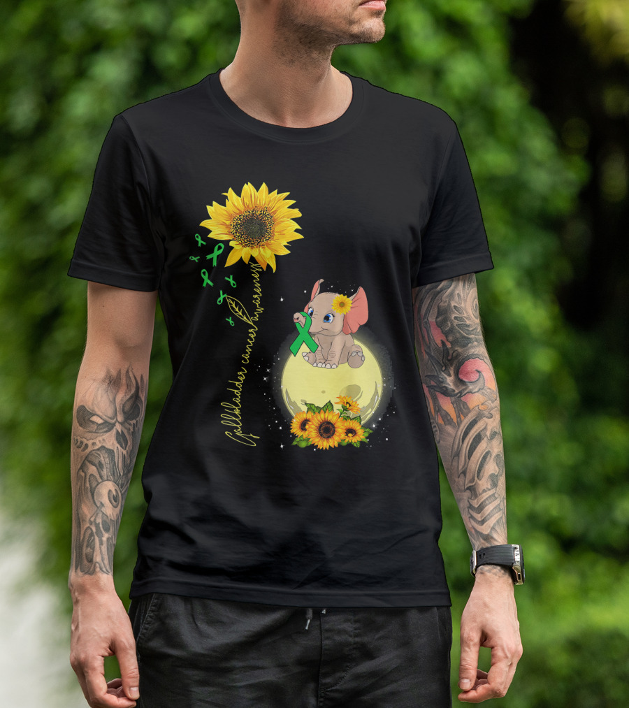 Gallbladder Cancer Awareness Elephant With Sunflowers And Green T-Shirt