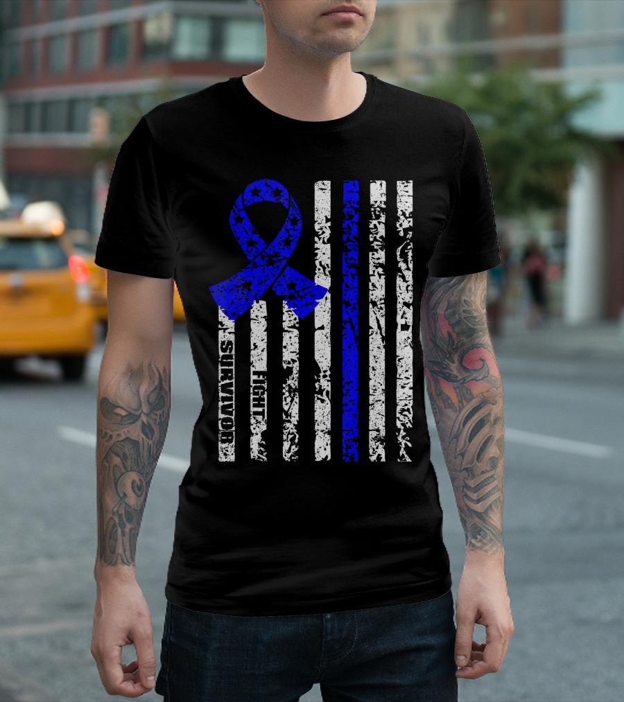 Cool Colon Cancer Awareness Survivor Ribbon Fighter Stripes T-Shirt