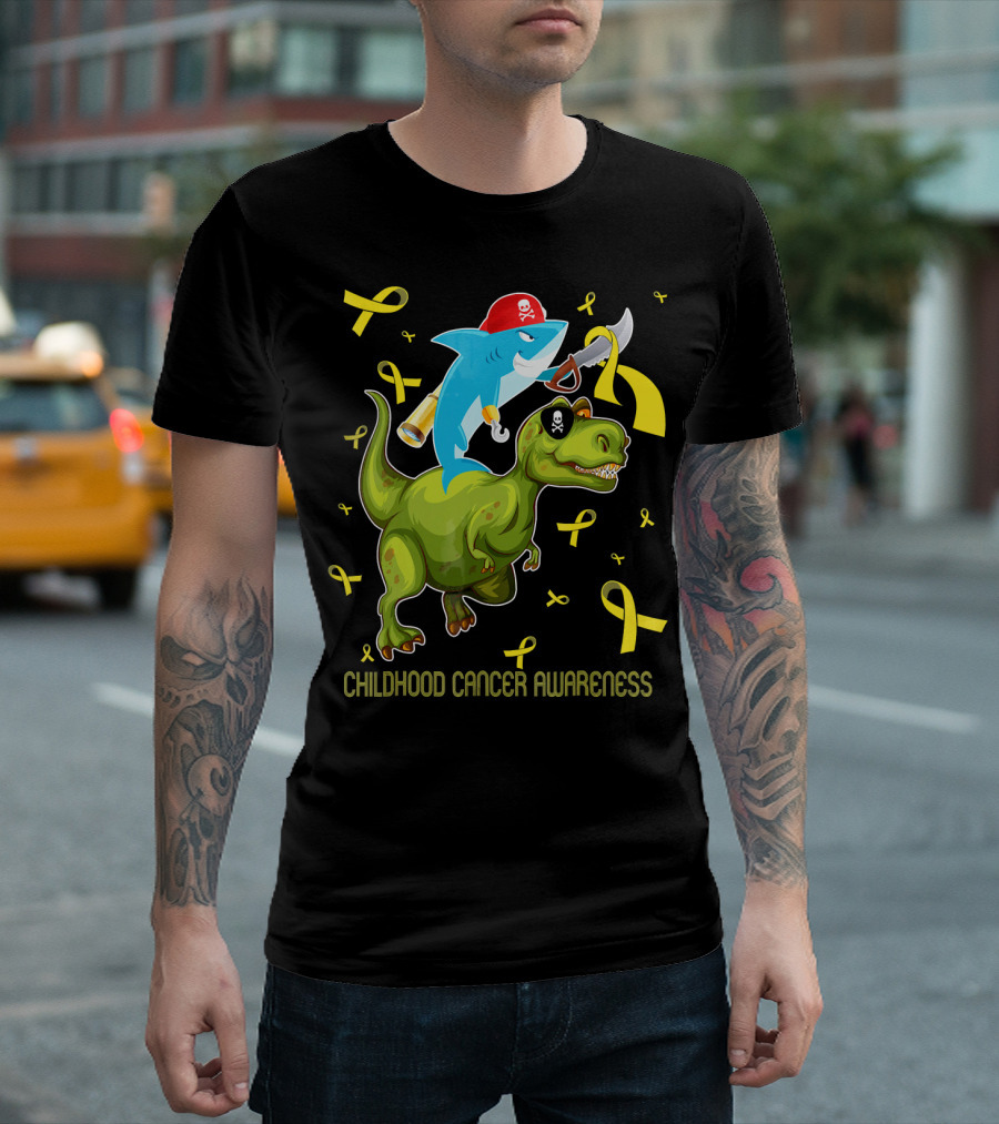 Childhood Cancer Awareness Shark and Dinosaur with Yellow Ribbons T-Shirt