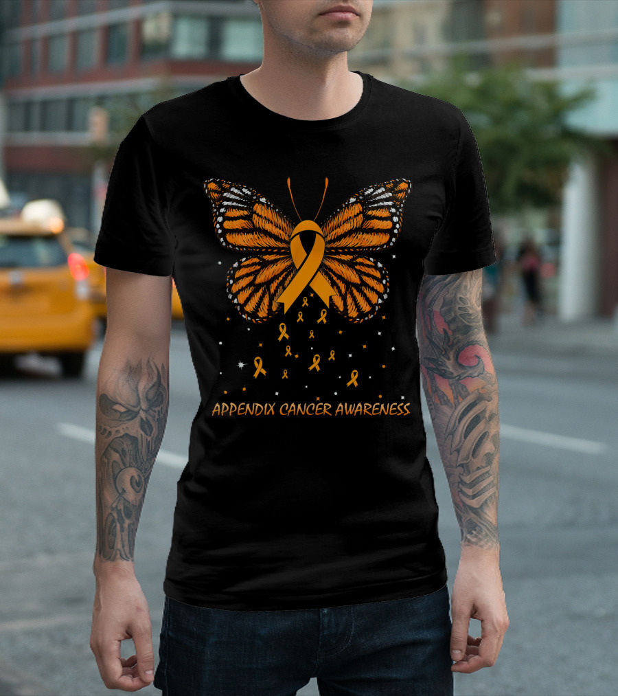 Appendix Cancer Awareness Orange Ribbon Butterfly T-Shirt