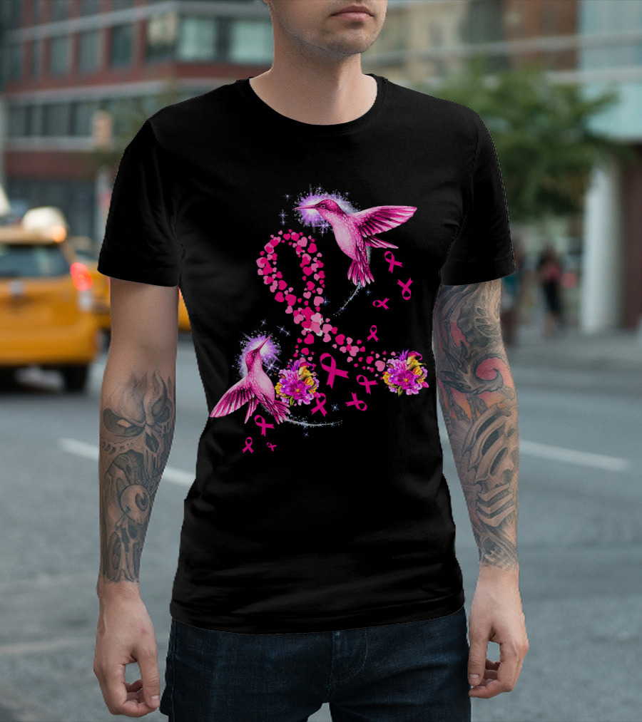 Hummingbird Heart Pink Ribbon Breast Cancer Awareness Flowers T-Shirt