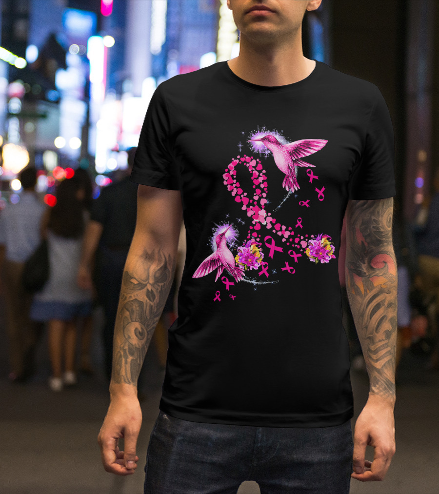 Hummingbird Heart Pink Ribbon Breast Cancer Awareness Flowers T-Shirt