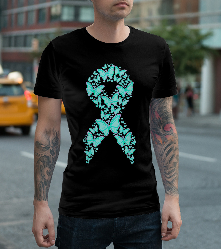 Ovarian Cancer Awareness Butterfly Ribbon Fighter T-Shirt