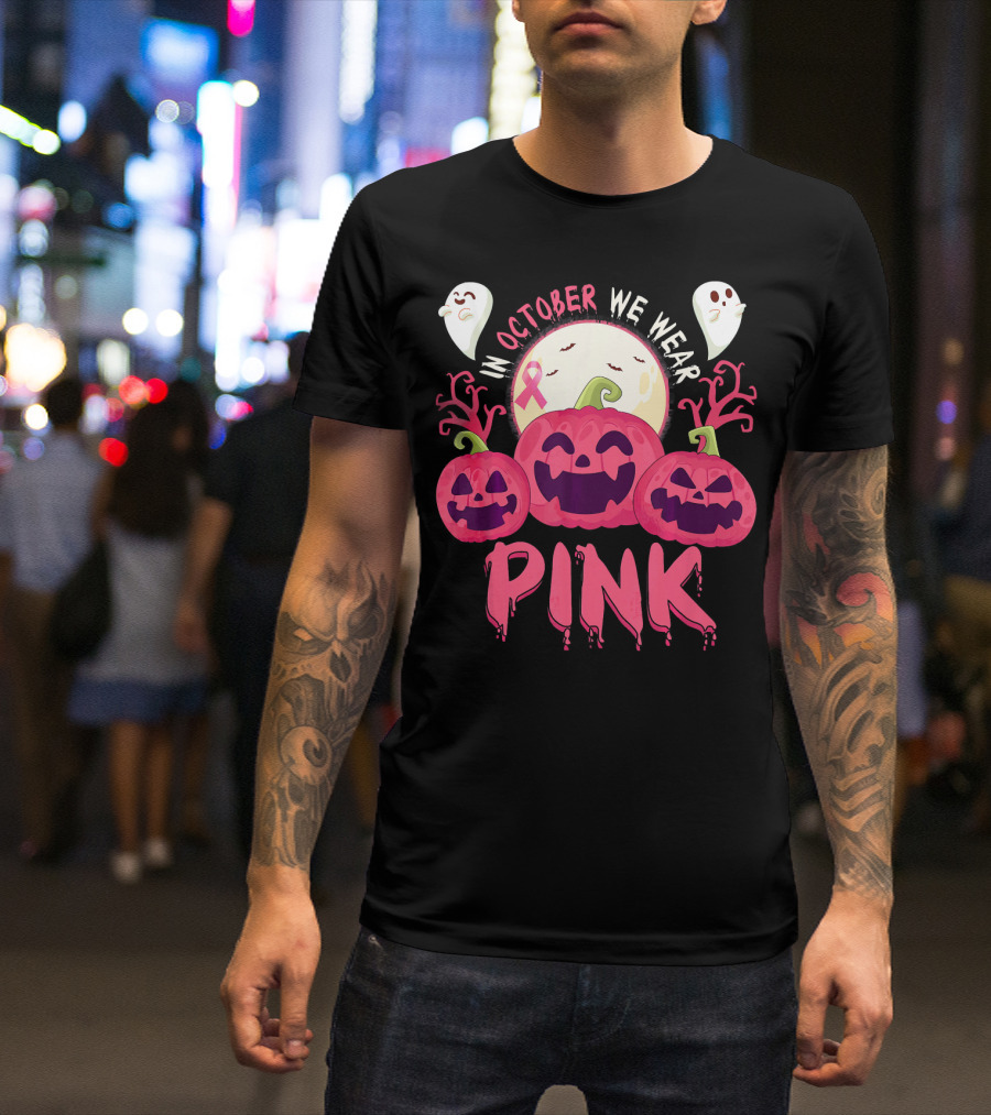 In October We Wear Pink Pumpkin With Ghosts And Moon T-Shirt