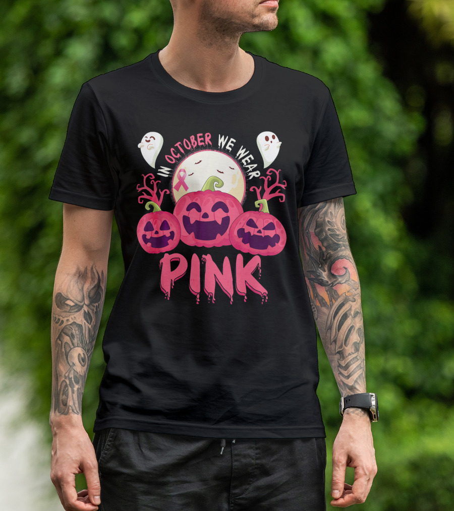 In October We Wear Pink Pumpkin With Ghosts And Moon T-Shirt