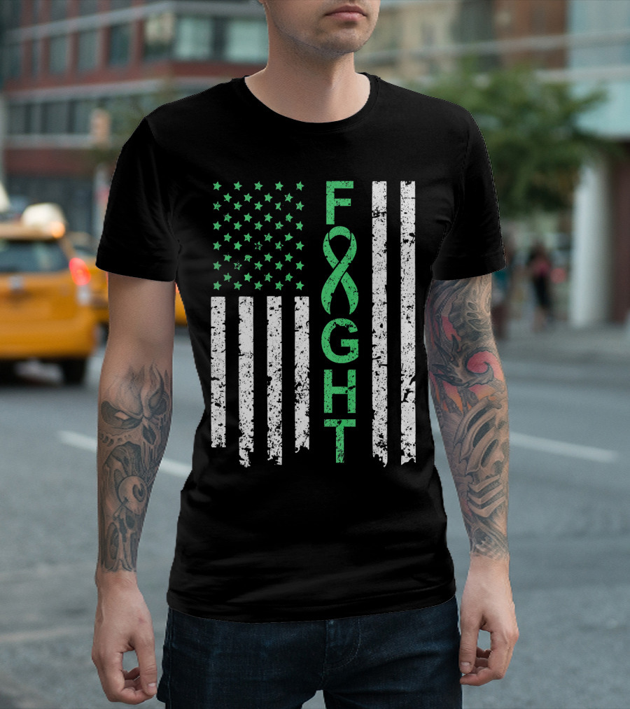 Liver Cancer Awareness Green Ribbon Fight American Flag T-Shirt