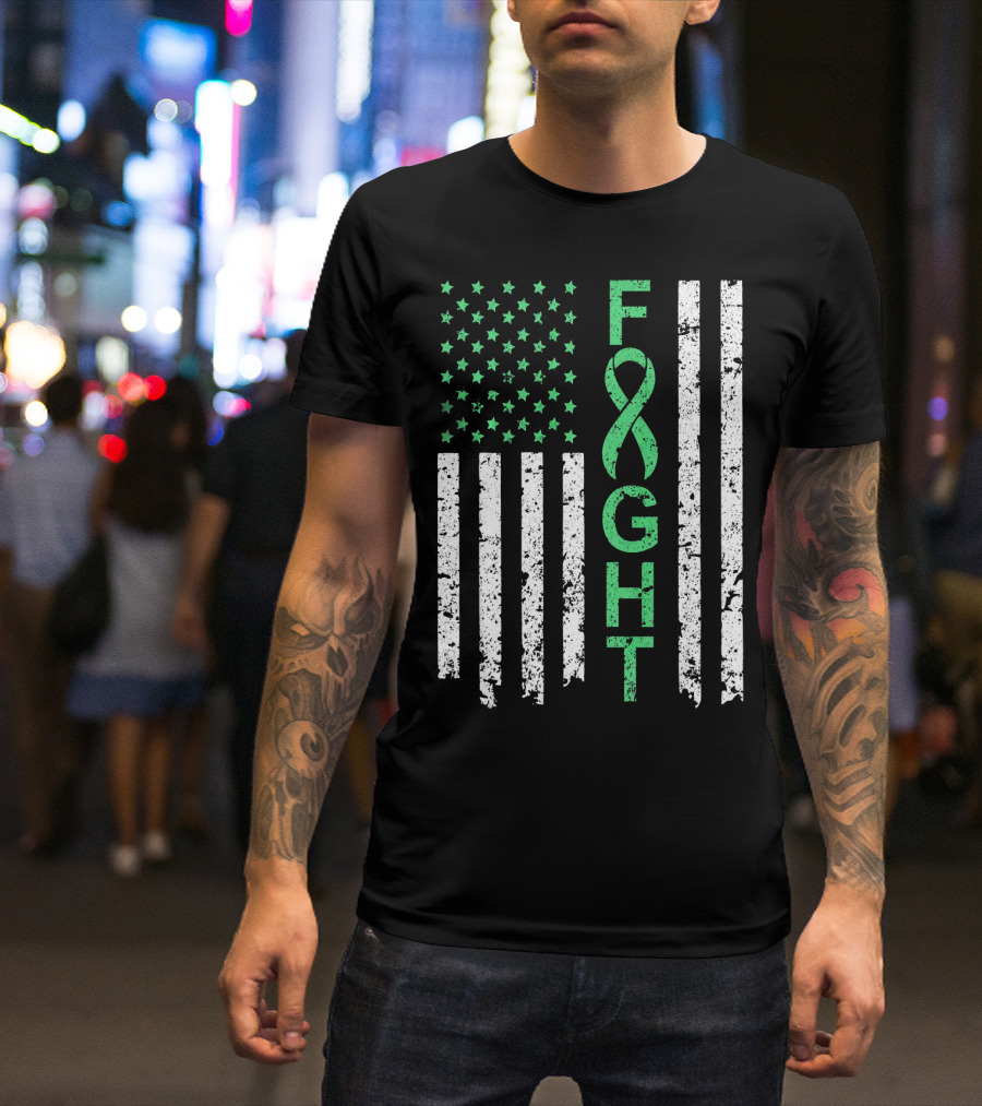 Liver Cancer Awareness Green Ribbon Fight American Flag T-Shirt