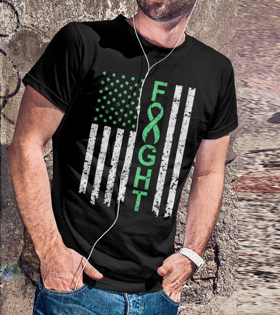 Liver Cancer Awareness Green Ribbon Fight American Flag T-Shirt