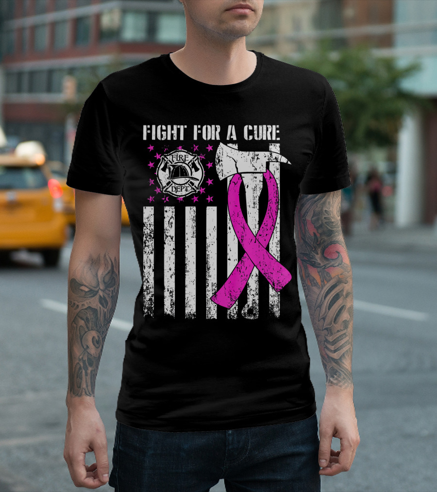 Fight for a Cure Fire Dept Pink Ribbon Axe Flag T-Shirt