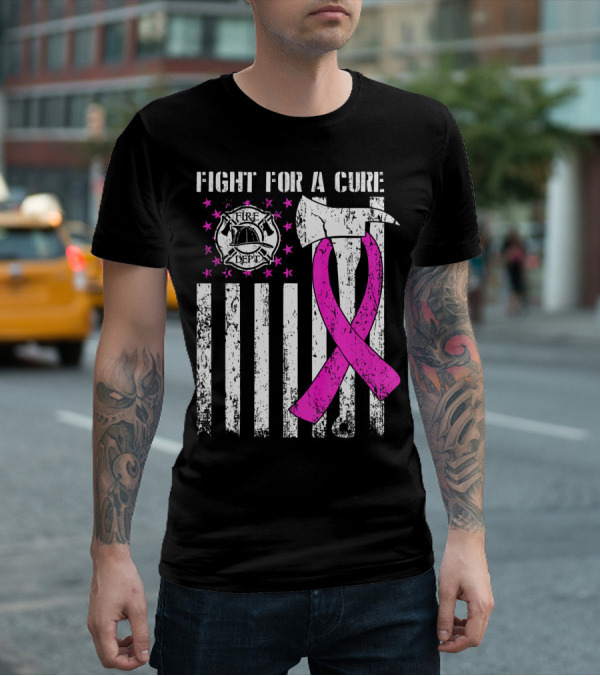 Fight For A Cure Fire Dept Pink Ribbon Axe Flag T-Shirt