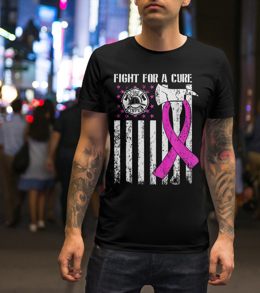 Fight For A Cure Fire Dept Pink Ribbon Axe Flag T-Shirt