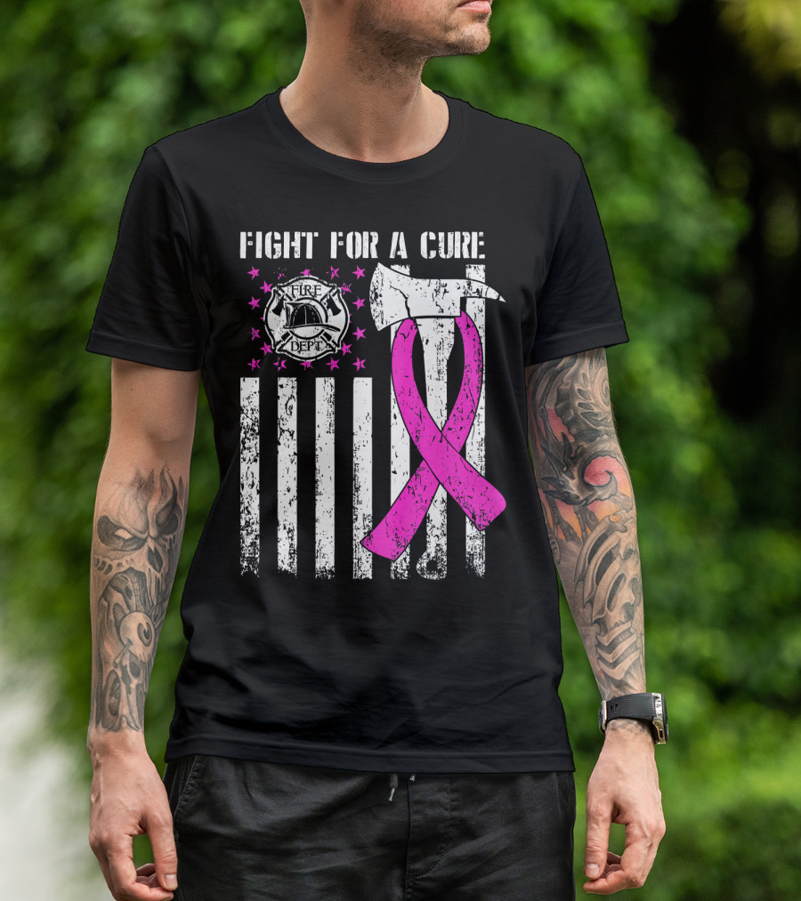 Fight For A Cure Fire Dept Pink Ribbon Axe Flag T-Shirt