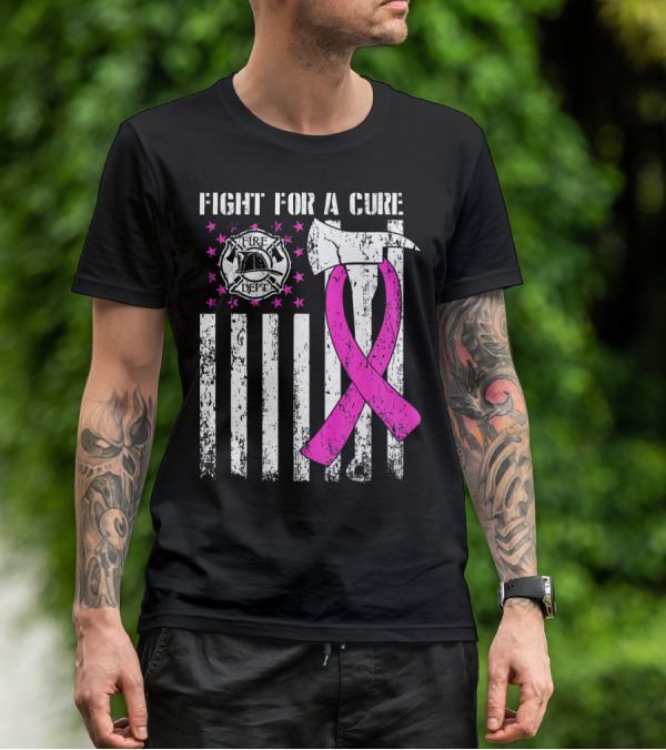 Fight For A Cure Fire Dept Pink Ribbon Axe Flag T-Shirt