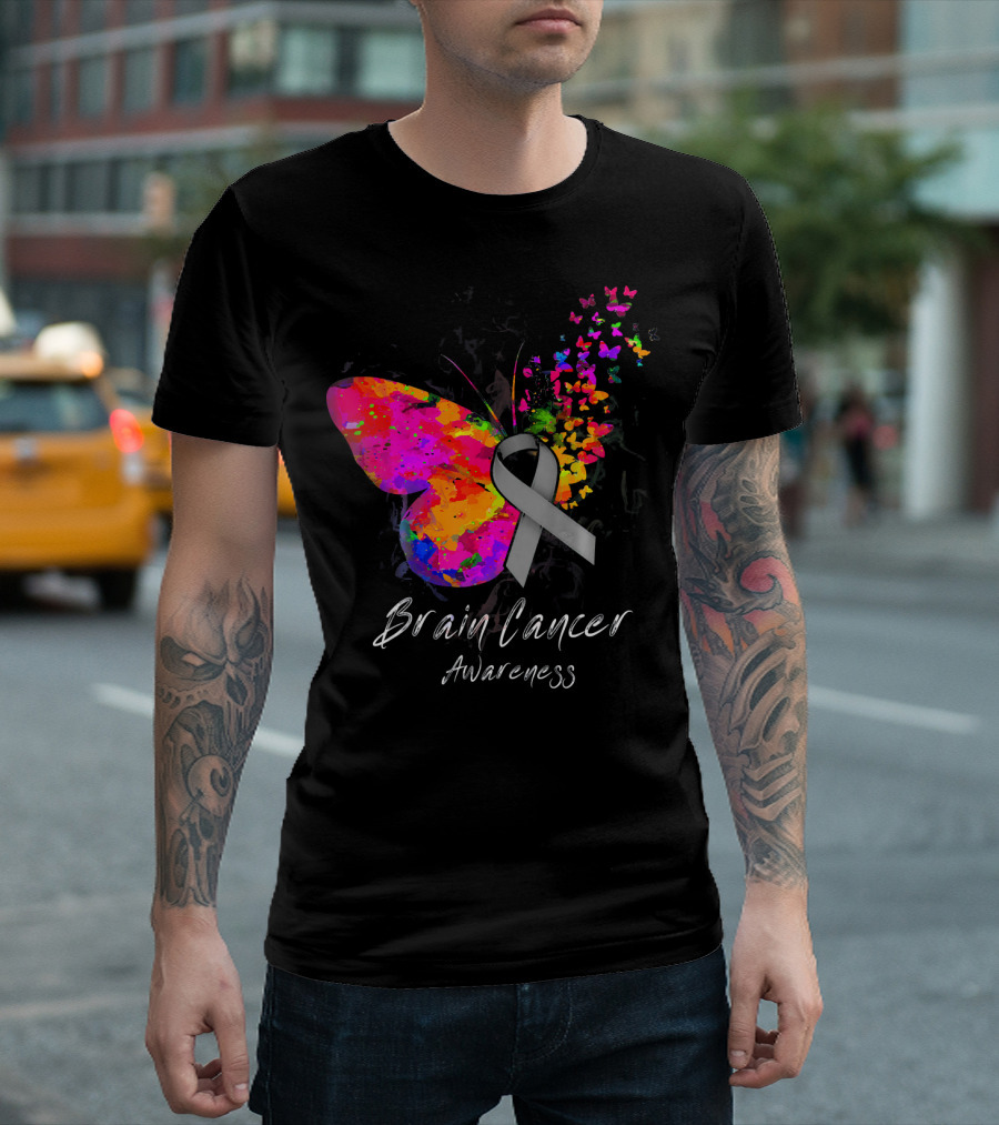 Brain Cancer Awareness Butterfly with Gray Ribbon and Colorful Wing Motif T-Shirt