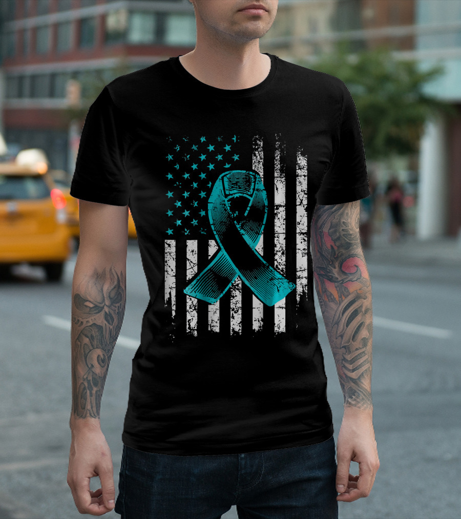 Fighting Flag Ovarian Cancer Awareness with Teal Ribbon and American T-Shirt