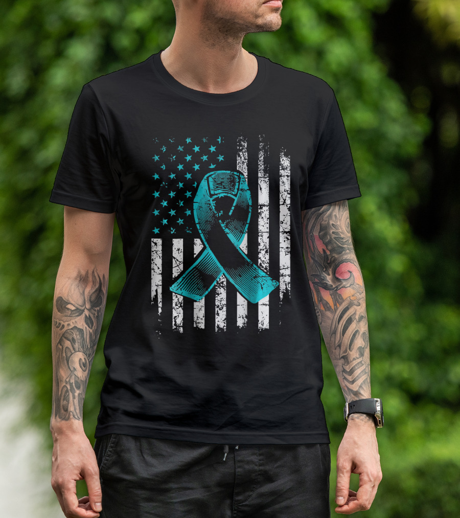 Fighting Flag Ovarian Cancer Awareness With Teal Ribbon And American T-Shirt