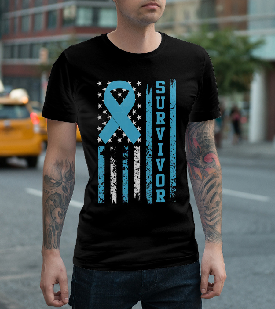 Survivor Blue Ribbon American Flag Prostate Cancer T-Shirt