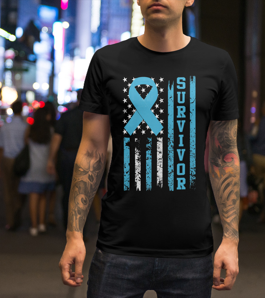 Survivor Blue Ribbon American Flag Prostate Cancer T-Shirt