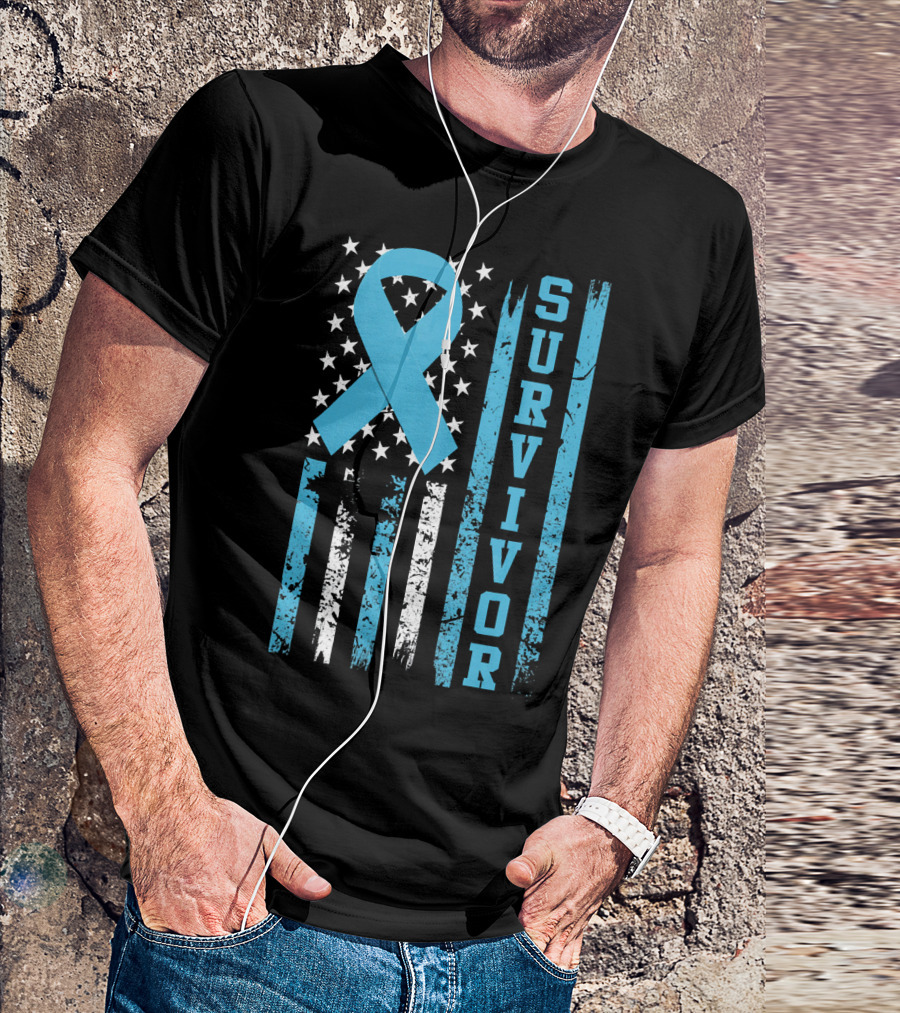 Survivor Blue Ribbon American Flag Prostate Cancer T-Shirt