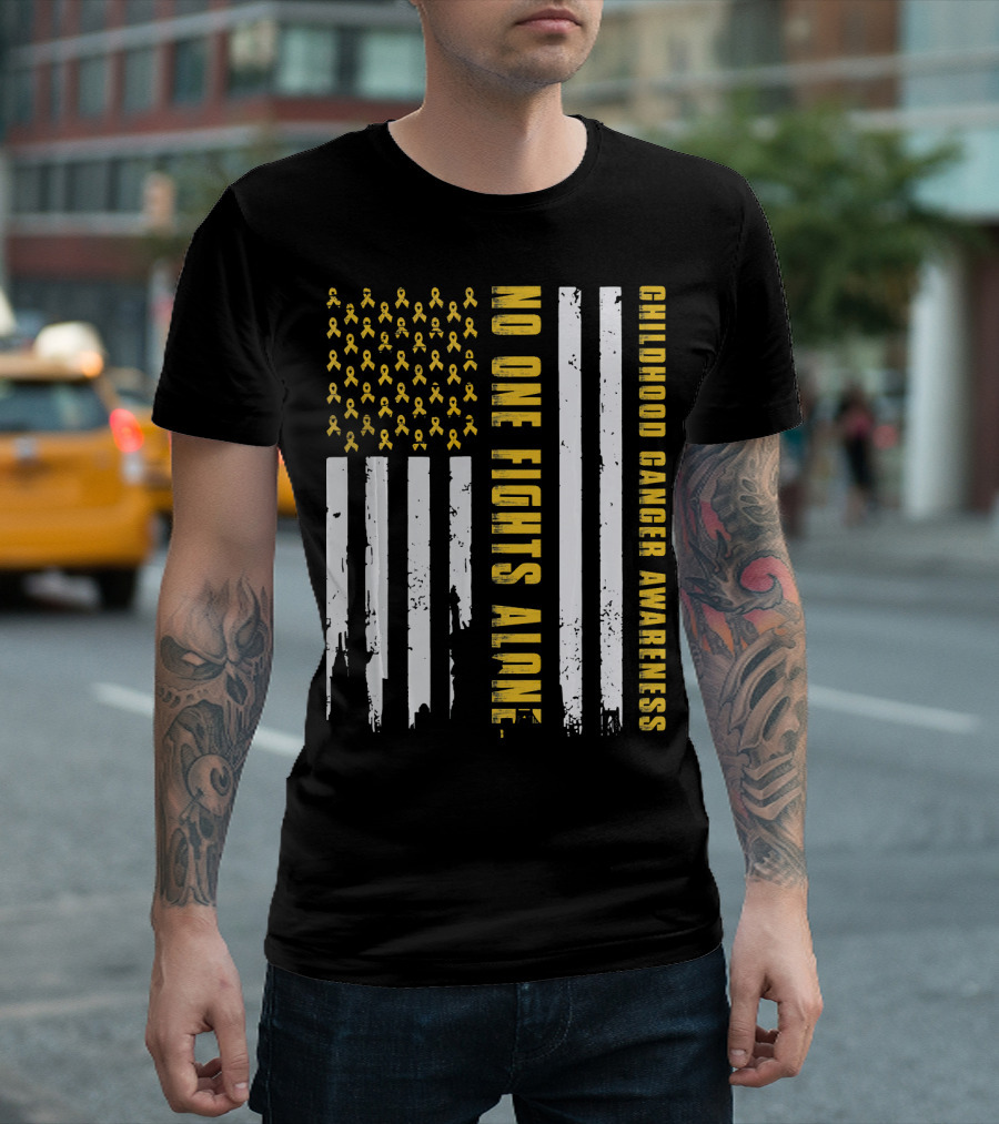 No One Fights Alone USA Flag Childhood Cancer Awareness T-Shirt
