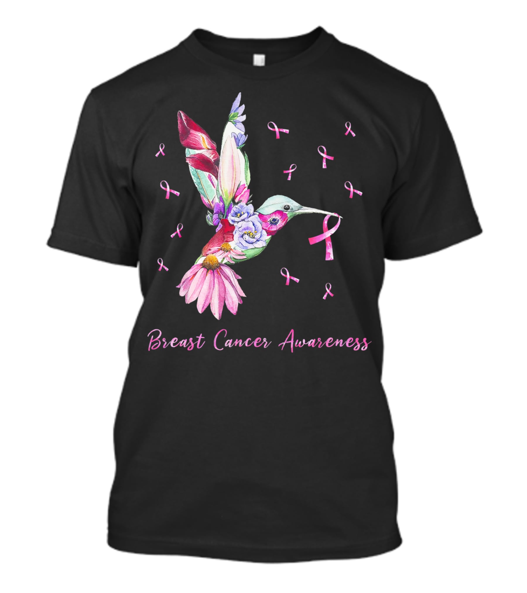 Breast Cancer Awareness Pink Ribbon Flower Hummingbird T-Shirt