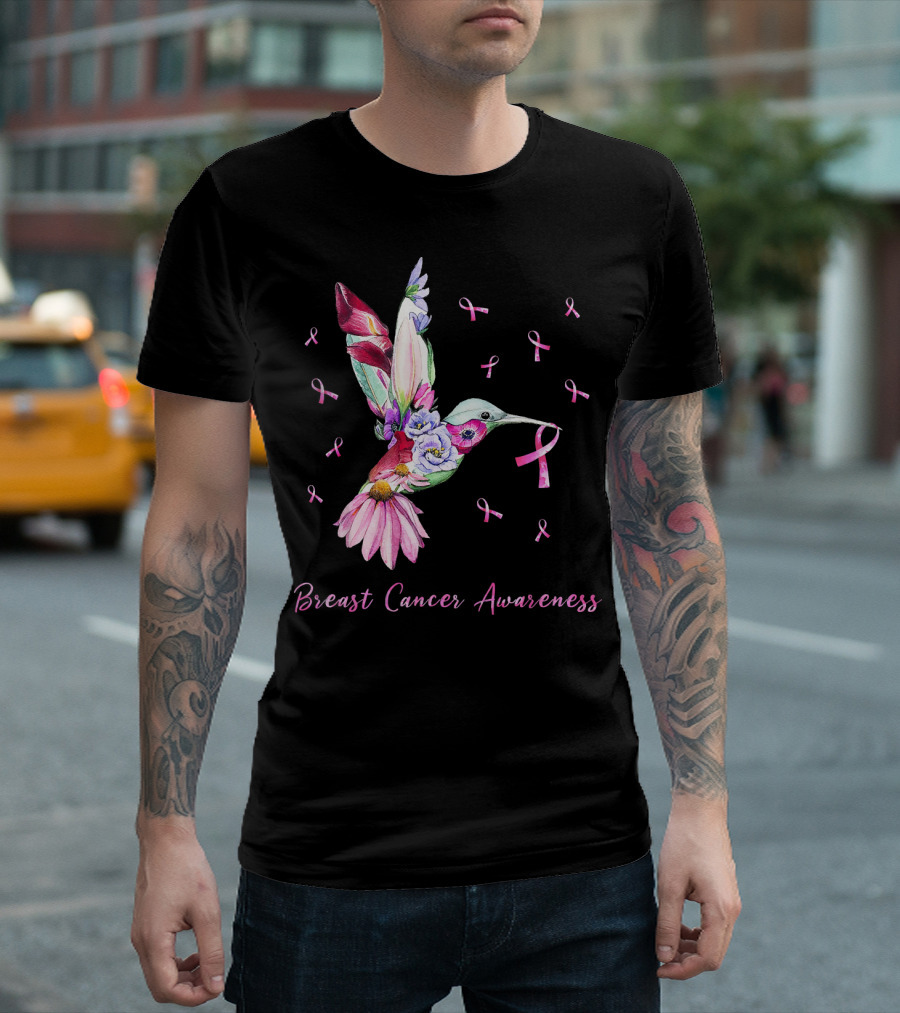 Breast Cancer Awareness Pink Ribbon Flower Hummingbird T-Shirt