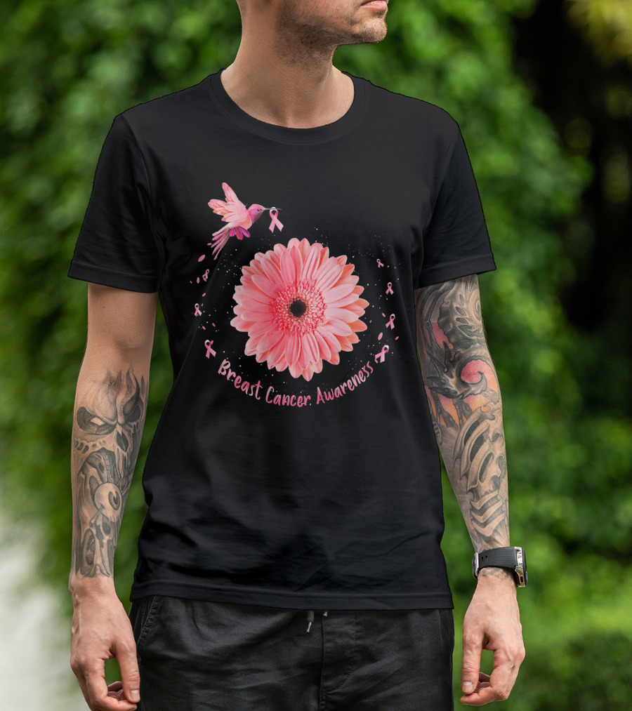 Hummingbird Pink Ribbon Breast Cancer Awareness Sunflower T-Shirt