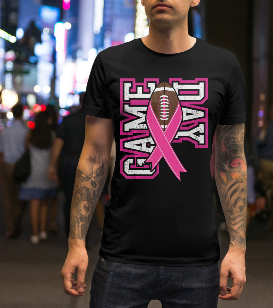 Game Day Breast Cancer Awareness Pink Ribbon Football T-Shirt
