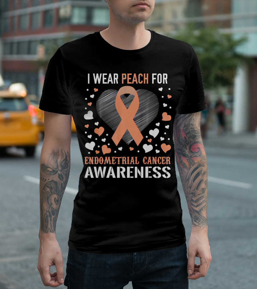 I Wear Peach for Endometrial Cancer Awareness Ribbon Heart T-Shirt