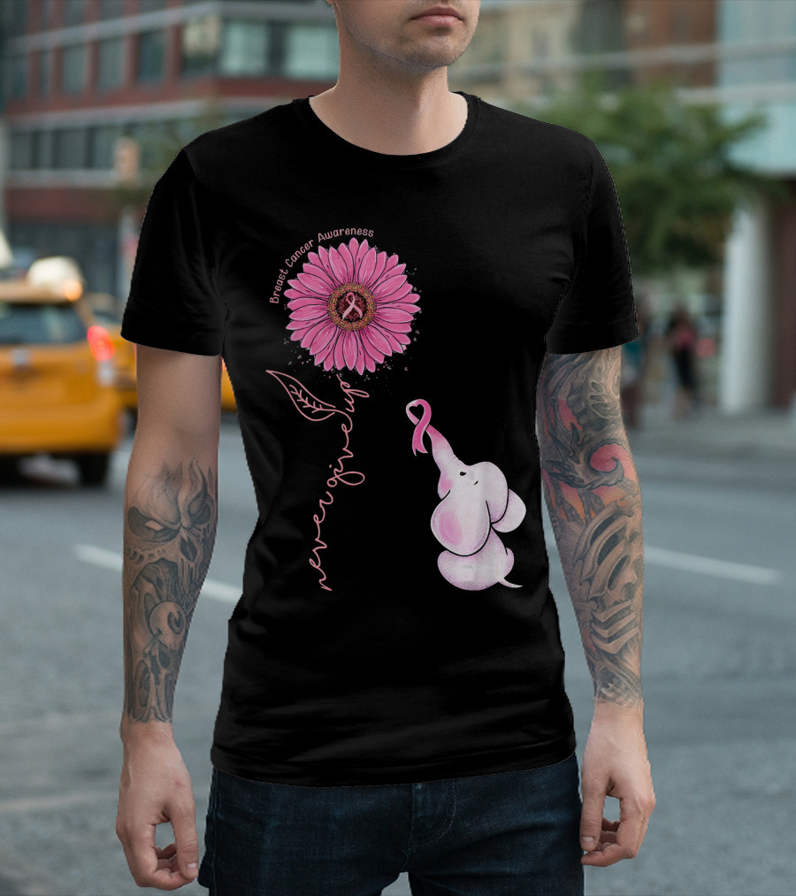Breast Cancer Awareness Never Give Up Pink Ribbon Sunflower Elephant T-Shirt