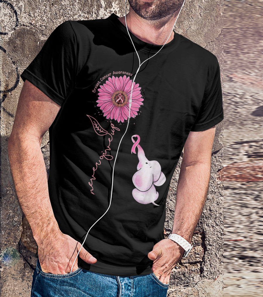 Breast Cancer Awareness Never Give Up Pink Ribbon Sunflower Elephant T-Shirt