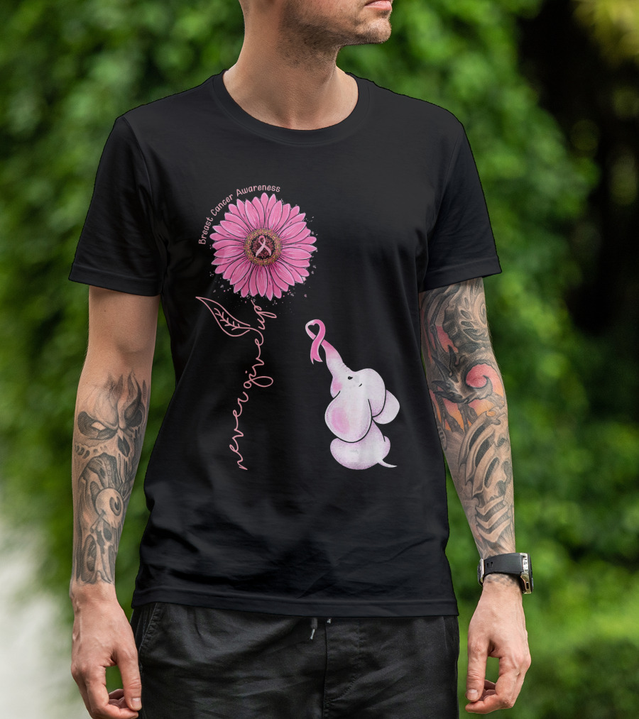 Breast Cancer Awareness Never Give Up Pink Ribbon Sunflower Elephant T-Shirt