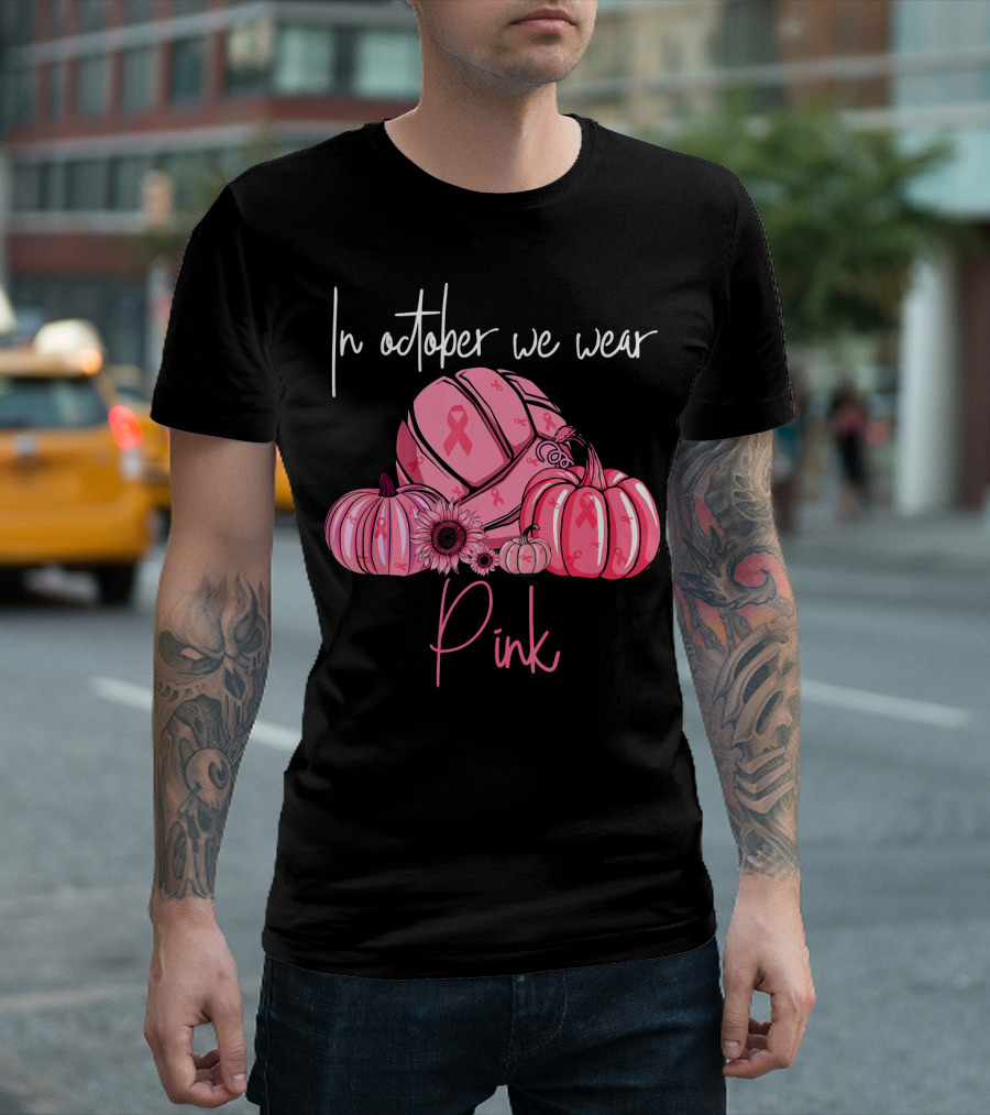 In October We Wear Pink Volleyball Pumpkins With Ribbons T-Shirt