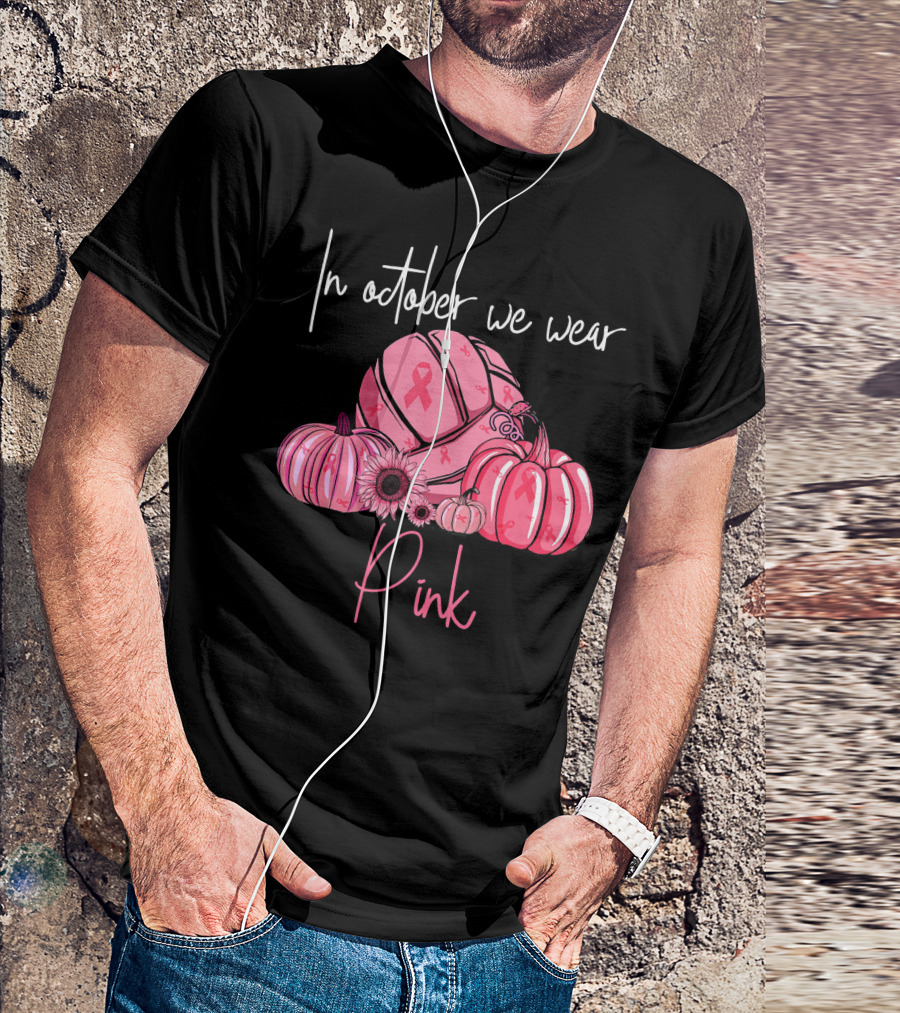 In October We Wear Pink Volleyball Pumpkins With Ribbons T-Shirt