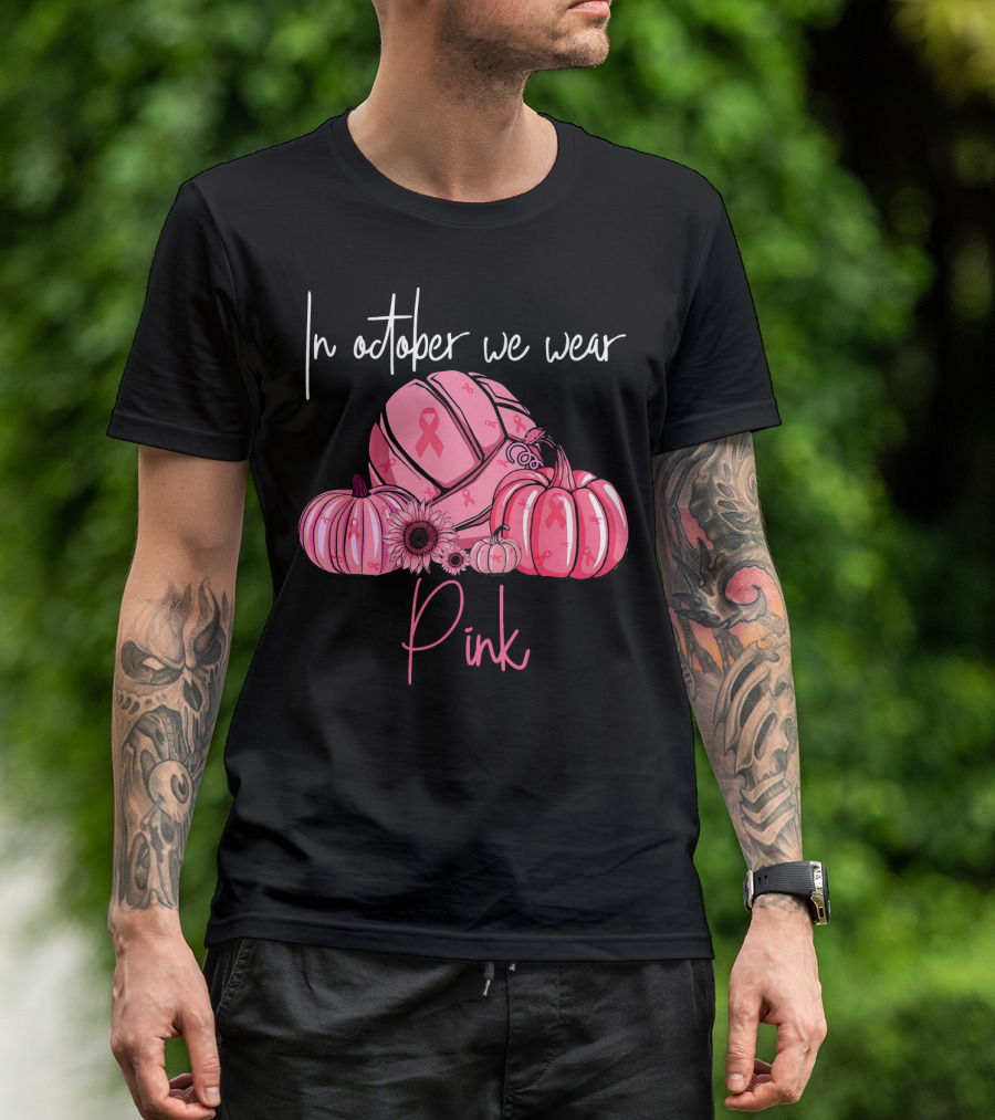 In October We Wear Pink Volleyball Pumpkins With Ribbons T-Shirt