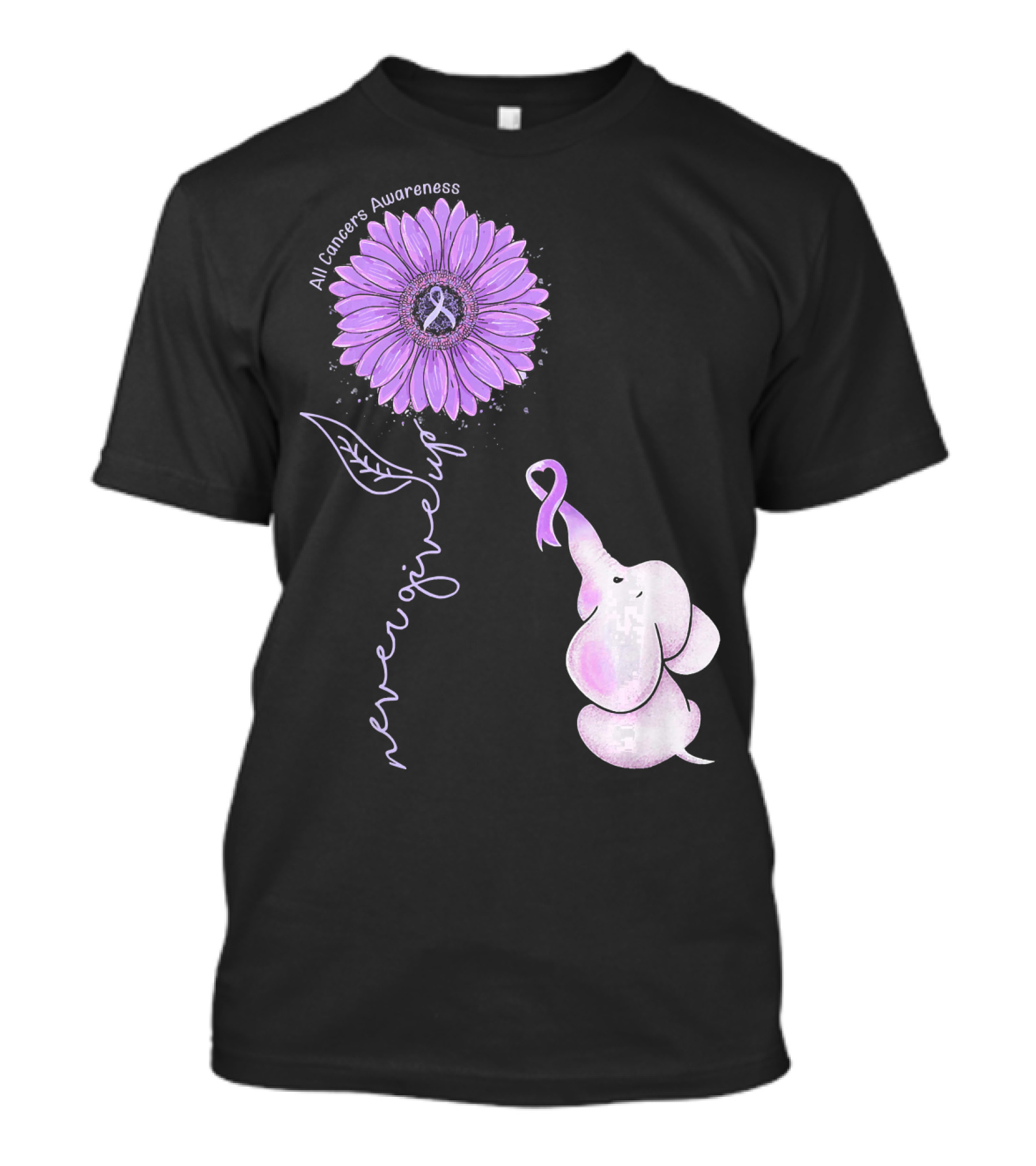Never Giving Up All Cancers Awareness Sunflower Elephant T-Shirt