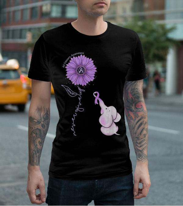 Never Giving Up All Cancers Awareness Sunflower Elephant T-Shirt