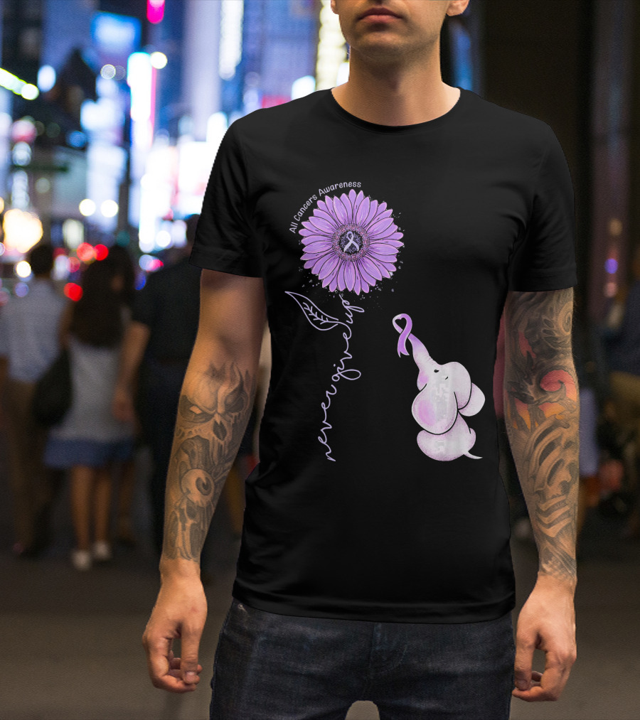 Never Giving Up All Cancers Awareness Sunflower Elephant T-Shirt