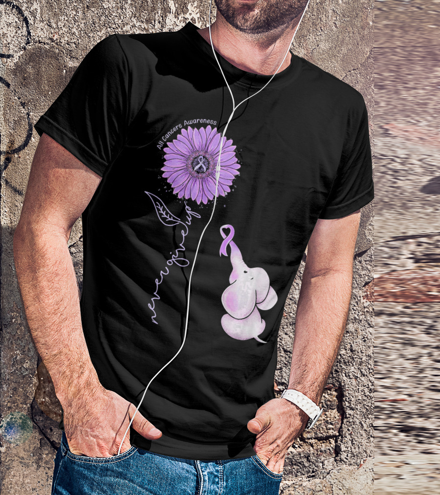 Never Giving Up All Cancers Awareness Sunflower Elephant T-Shirt