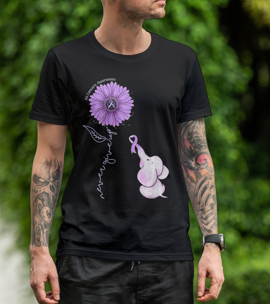 Never Giving Up All Cancers Awareness Sunflower Elephant T-Shirt