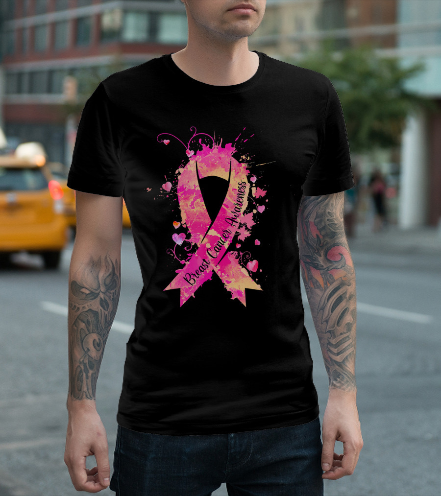 Breast Cancer Awareness Pink Ribbon Hearts and Splash T-Shirt