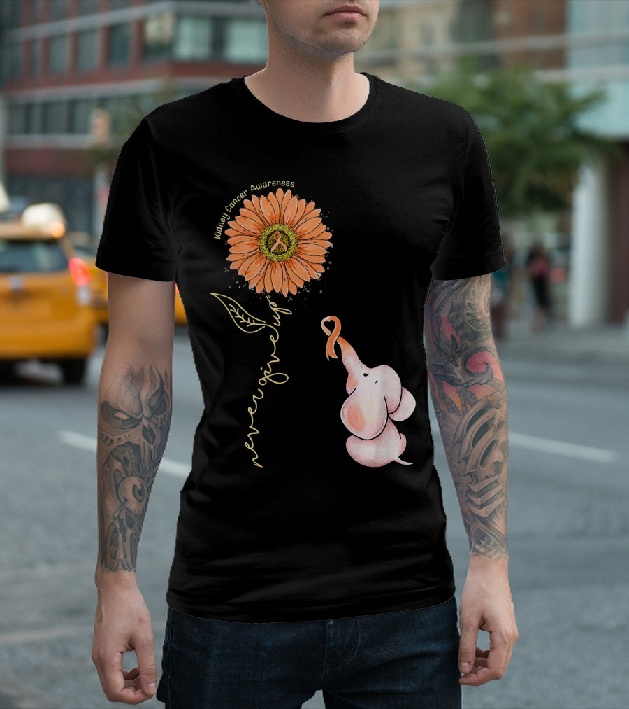 Kidney Cancer Awareness Sunflower Elephant Never Give Up T-Shirt