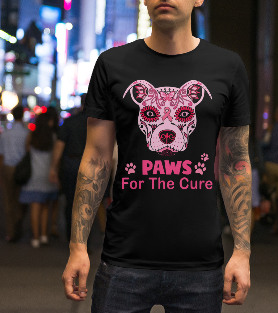 Paws For The Cure Breast Cancer Awareness Pitbull Sugar Skull T-Shirt